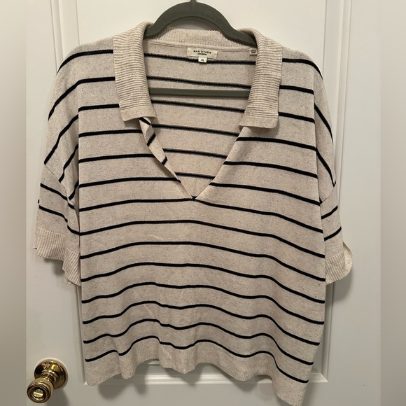 Max Studio Tops - Max Studio Cream and Black Striped V-Neck Shirt